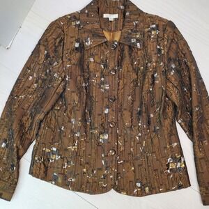 Erin Womens Brown Textured Abstract Button Front Blazer Size M Metallic Eclectic